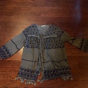 Bohemian Olive Green and Black Embroidered Cardigan